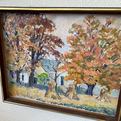 Sale Photo Thumbnail #177: Framed impressionist oil painting on canvas board depicting an autumn landscape with trees and corn shocks, signed "A. DILARD" in the lower right.
