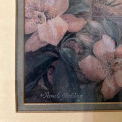 Sale Photo Thumbnail #15: Detail of framed floral art print signed Pamela Gladding, featuring muted pink flowers and green foliage.
