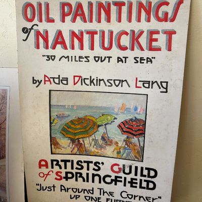 Sale Photo Thumbnail #136: Hand-painted vintage exhibition sign for 'Oil Paintings of Nantucket' by Ada Dickinson Lang at the Artists' Guild of Springfield, featuring an inset beach scene painting.