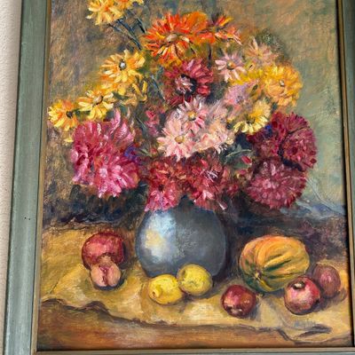 Sale Photo Thumbnail #151: Framed impressionistic floral and fruit still life oil painting on canvas, signed lower right, set in a painted sage green wooden frame.