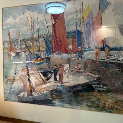 Sale Photo Thumbnail #56: Framed watercolor painting depicting a busy harbor scene with sailboats and figures, signed Ada D. Lang in the lower right corner.