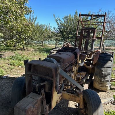 Sale Photo Thumbnail #126: Vintage heavy-duty industrial rough-terrain forklift tractor, showing heavy rust and weathering from outdoor farm use.