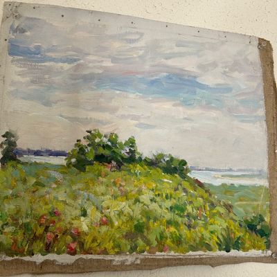 Sale Photo Thumbnail #157: Unframed impressionist landscape painting on canvas featuring a grassy hill and cloudy sky, pinned to a wall.