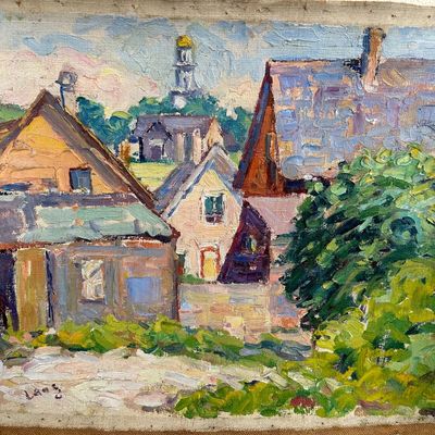 Sale Photo Thumbnail #163: Impressionist oil painting on unframed canvas depicting a village landscape with colorful rooftops and a distant steeple, signed by the artist in the lower left corner.