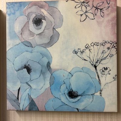 Sale Photo Thumbnail #49: Square canvas wall print featuring abstract floral blooms in shades of light blue, purple, and cream.