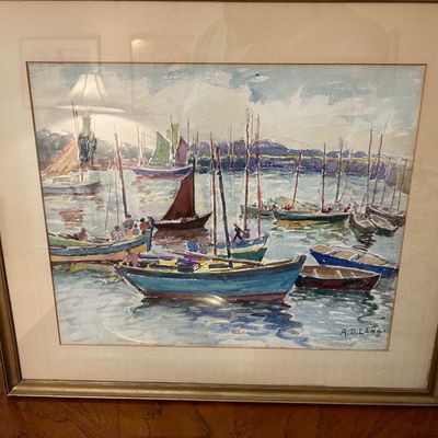 Sale Photo Thumbnail #61: Framed watercolor painting depicting sailboat and fishing boat harbor scene, signed A.D. Lang in the lower right corner.