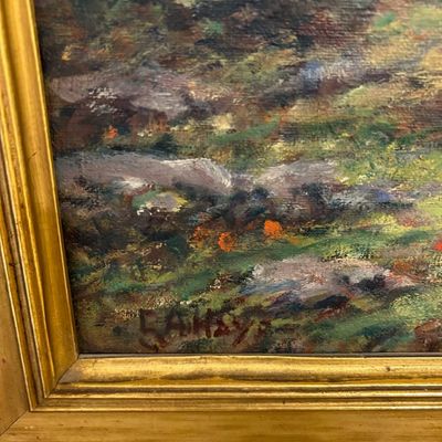 Sale Photo Thumbnail #4: Close-up detail of an impressionist oil painting showing the artist's signature in the lower left corner, housed in a molded gilt wooden frame.