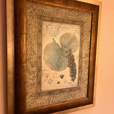 Sale Photo Thumbnail #89: Framed botanical art print depicting sea grapes and leaves, housed in a wide molded wood frame.