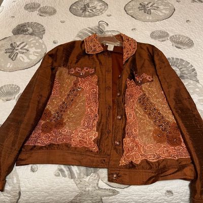 Sale Photo Thumbnail #75: Brown silk jacket featuring intricate lace applique and beaded embellishments on the front panels and collar.