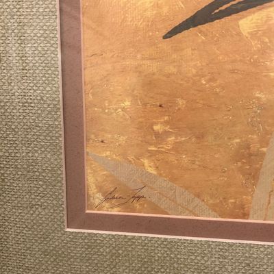 Sale Photo Thumbnail #46: Framed abstract artwork featuring warm ochre tones, complete with artist signature in the lower left corner and double-matting.