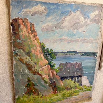 Sale Photo Thumbnail #156: Unframed impressionist oil painting on loose canvas depicting a rocky coastal cliff face with a house overlooking the water.