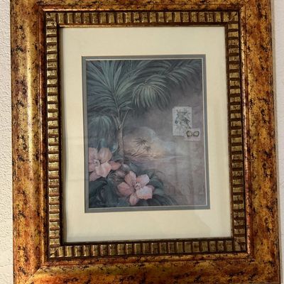 Sale Photo Thumbnail #14: Framed tropical botanical art print by Pamela Gladding featuring palm fronds and pink blossoms. Housed in an ornate antiqued gold-toned frame with layered mats.