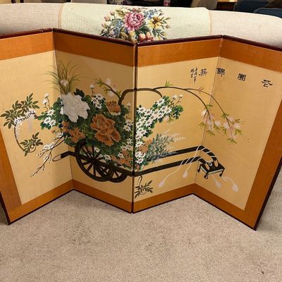 Sale Photo Thumbnail #94: Four-panel East Asian folding tabletop screen featuring a hand-painted floral flower cart scene with calligraphy.
