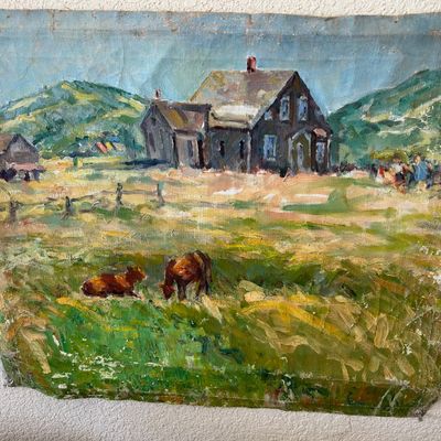Sale Photo Thumbnail #173: Unframed vintage impressionist oil painting on loose canvas depicting a rural farmhouse and grazing cows in a field.