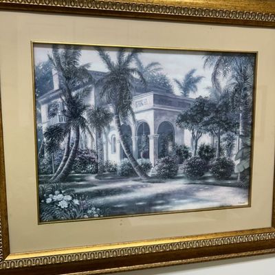 Sale Photo Thumbnail #7: Framed monochrome art print depicting a tropical estate surrounded by palm trees, set in an ornate gilded wood frame with matting.