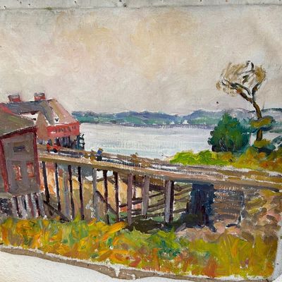 Sale Photo Thumbnail #160: Unframed impressionist oil painting on canvas featuring a coastal landscape with buildings and a pier.
