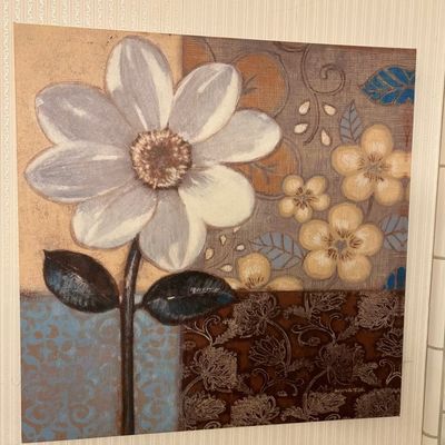 Sale Photo Thumbnail #19: Contemporary square canvas wall art featuring a stylized white flower and mixed floral patterns in muted tones.