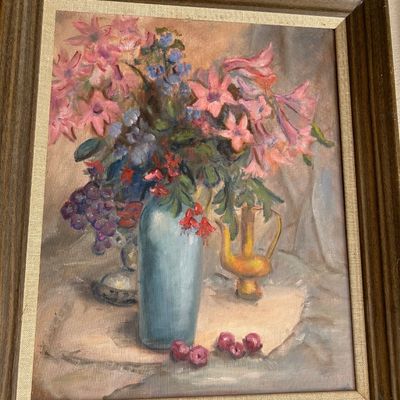 Sale Photo Thumbnail #150: Framed floral still life oil painting on canvas board, depicting pink flowers in a light blue vase, housed in a vintage wooden frame with linen liner.