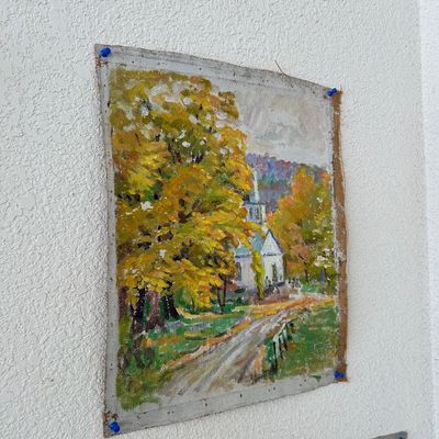 Sale Photo Thumbnail #168: Unframed oil painting on loose canvas depicting an autumn landscape with a country church and colorful fall foliage.