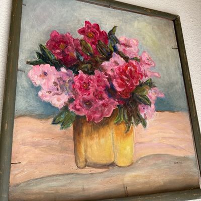 Sale Photo Thumbnail #152: Framed floral still life oil painting depicting pink and red flowers in a yellow vase, signed in the lower right corner.