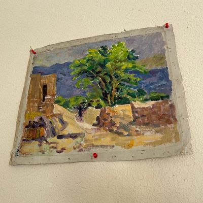 Sale Photo Thumbnail #162: Unframed impressionist oil painting on canvas board, depicting a rural landscape with a central tree, building, and distant mountains.