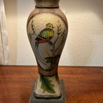 Sale Photo Thumbnail #13: Vintage resin table lamp base featuring a hand-painted tropical bird motif with a crackle-glaze finish.