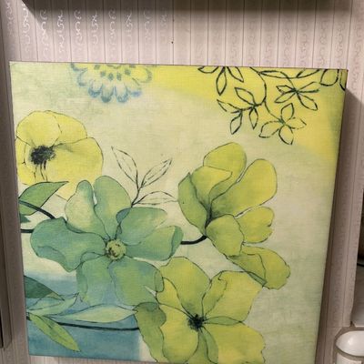 Sale Photo Thumbnail #48: Square wrapped canvas wall art featuring a watercolor-style floral painting in shades of green, yellow, and blue.