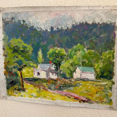 Sale Photo Thumbnail #166: Unframed impressionist landscape oil painting on canvas board, depicting rural houses nestled against a forested hillside.