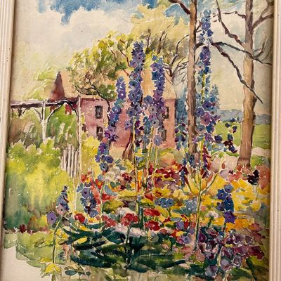 Sale Photo Thumbnail #161: Framed watercolor landscape painting featuring tall purple delphiniums in a vibrant flower garden with a barn in the background.