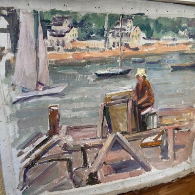 Sale Photo Thumbnail #159: Unframed impressionist oil painting on canvas board depicting a coastal harbor scene with a figure painting on a dock.