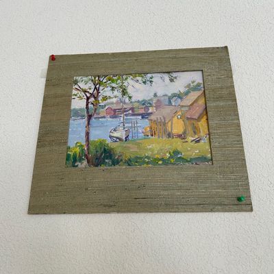 Sale Photo Thumbnail #165: Mid-century impressionist oil painting of a coastal harbor scene, mounted in a wide grasscloth texture mat.