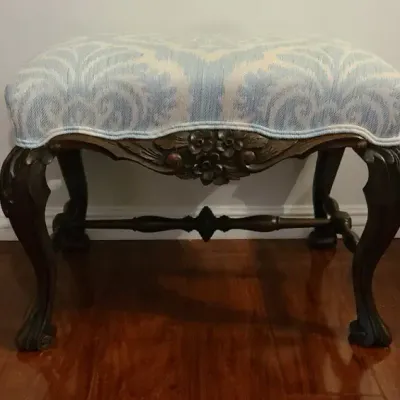 French Louis XV-Style Carved Wood Vanity Bench with Blue & Cream Upholstery