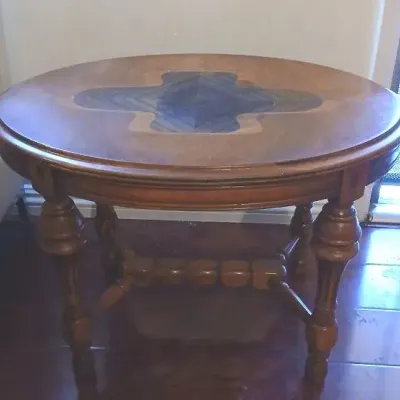 Wood Inlay Accent Table with Geometric Top & Turned Legs