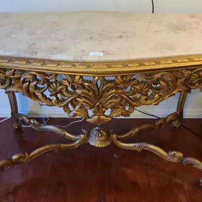 Venetian-Style Gold-Tone Accent Table with Marble Top & Ornate Scrollwork