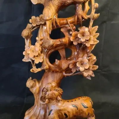 Carved Wood Wildlife Sculpture – Eagle, Tigers & Flowering Branches
