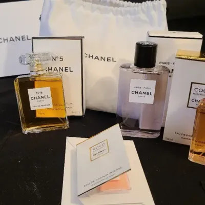 Chanel Coco, N°5 & Gabrielle Fragrance Bottle Assortment with Boxes & Papers