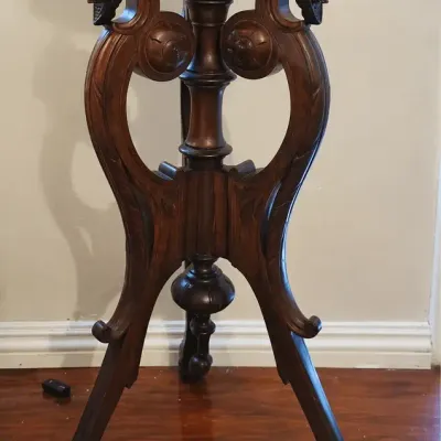 Tall, Dark & Handsome – Ornate Pedestal Accent Table with Stone Inset