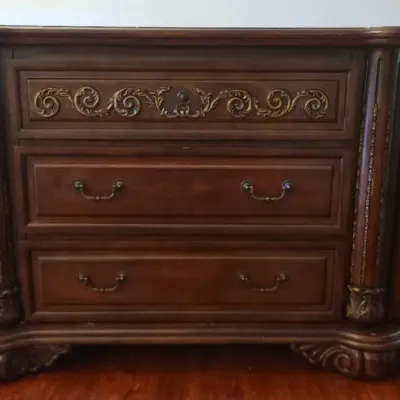 Grand Traditional Three-Drawer Dresser with Curved Front, Ornate Gold-Tone Accents & Side Shelving