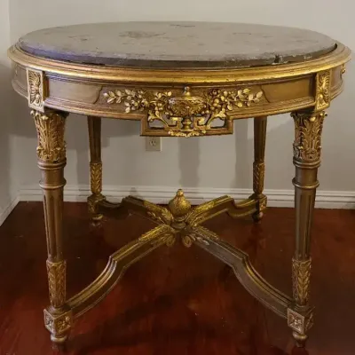 Louis XVI-Style Ornate Giltwood Round Center Table with Stone-Top 