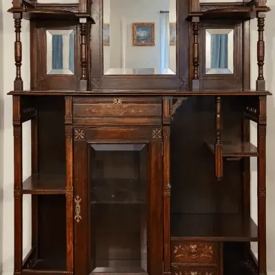Victorian Eastlake-Style Mirrored Étagère with Carved Woodwork, Glass Cabinet & Drawers