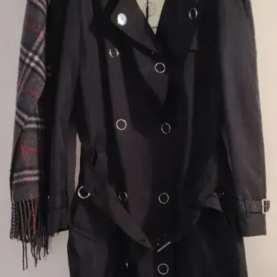 Burberry Black Double-Breasted Trench Coat with Signature Scarf Tags and Box