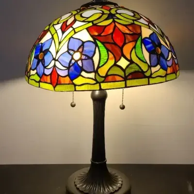 Tiffany-Style Stained Glass Table Lamp with Colorful Floral Shade & Twin Pull Chains
