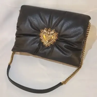 Authentic Dolce & Gabbana Devotion Logo Heart Handbag With Chainlink Shoulder Strap 