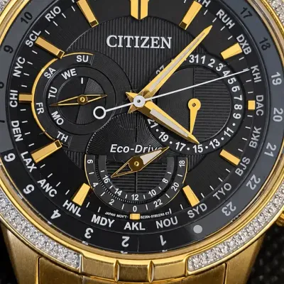 Citizen Eco-Drive Gold-Tone World Time Watch with Black Dial & Crystal-Accented Bezel