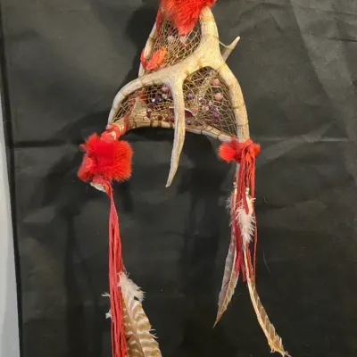 Red Leather And Antlers Dream Catcher 