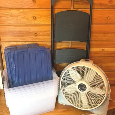 45qt Storage Bins, Step Ladder And Lasko Fan 