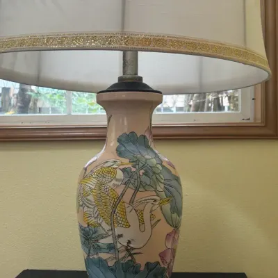 Chinoiserie Crane & Lotus Porcelain Lamp