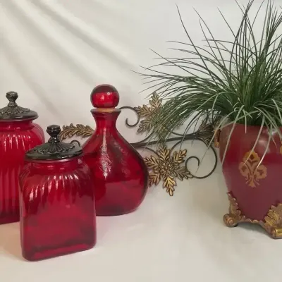 Red Canisters and Glass Vase