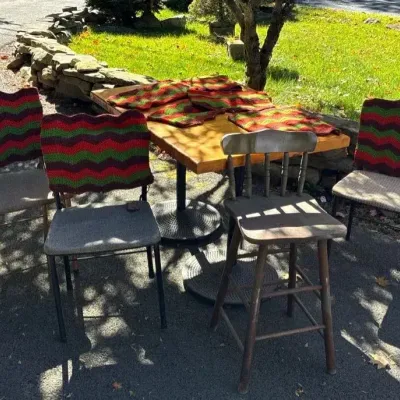 Vintage Tables And Chairs With Crocheted Covers