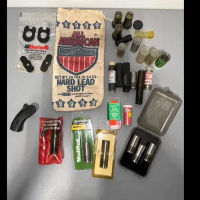 Sale Photo Thumbnail #143: Assorted shotgun choke tubes, accessories, and lead shot bag